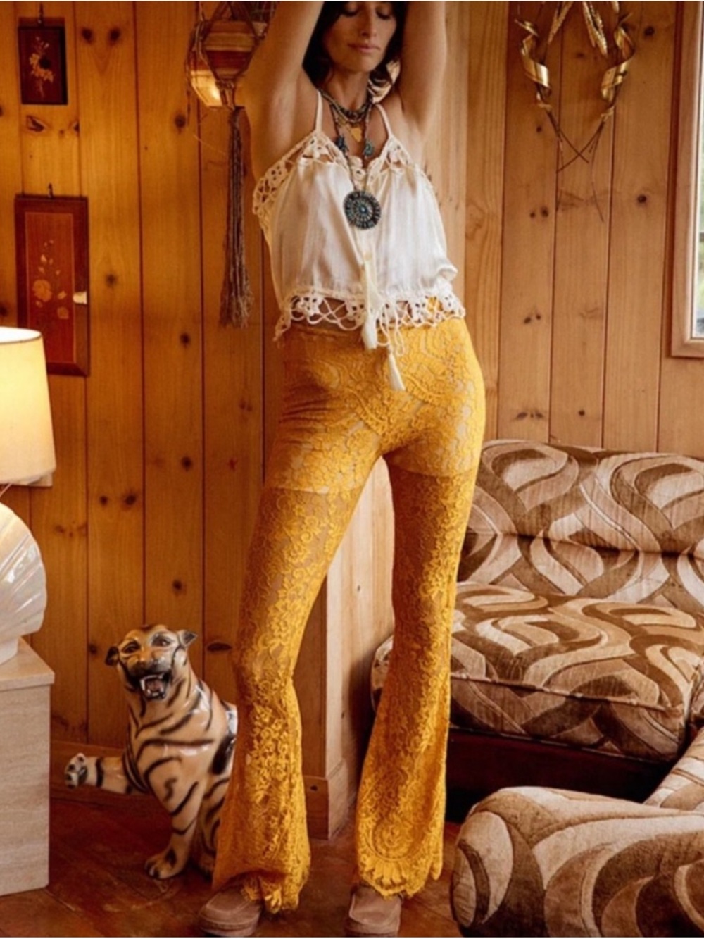 Chasing Unicorns Marigold Steppin Lace Flare Pants L